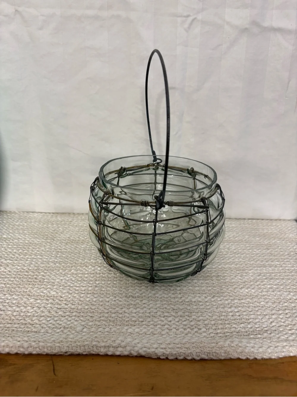Vintage Glass Lantern Vase with Wire Cage Handle - Clear Glass
